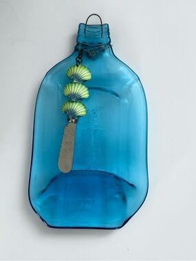 Melted Flattened Sapphire Blue Gin Bottle Cheese Tray 10”L With Seashell Knife